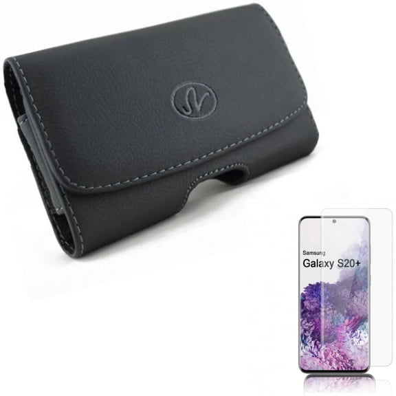 Case Belt Clip w Screen Protector for Samsung Galaxy S20 Plus - Leather Swivel Holster Loops, Tempered Glass [Fingerprint Unlock] 3D Curved Edge Full Cover W2W fits Samsung Galaxy S20 Plus