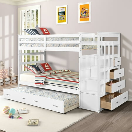 Bunk Bed With Drawers Harper&Bright Designs Twin over Twin Wood Bunk Bed with Trundle & Storage Drawers, Multiple Colors ()
