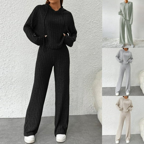 Feancey Knitted Sweatsuit for Women Drawstring Hooded Sweatshirts and Lounge Pants 2 Piece Sets Ribbed Knit Casual Fall Travel Outfits Beige XL