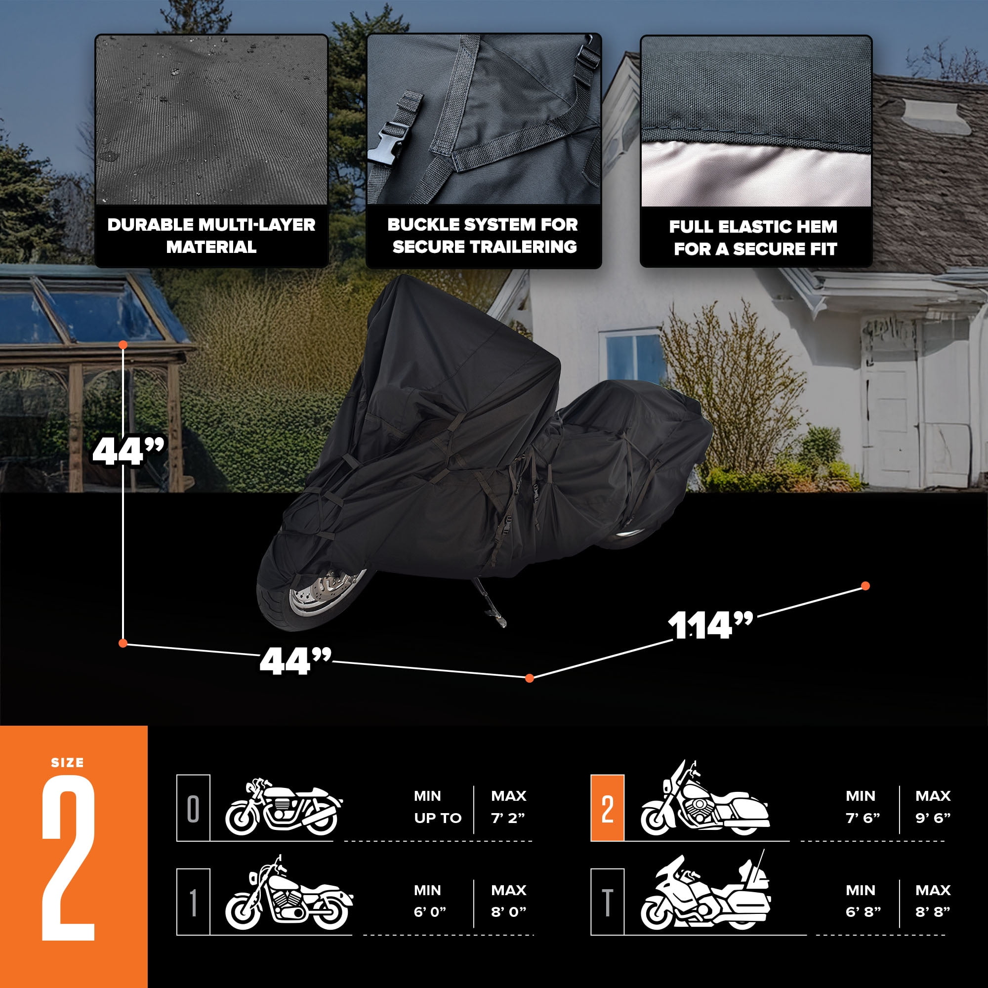 Budge Sportsman Trailerable, Waterproof Motorcycle Cover, Heavy-Duty All Weather Indoor and Outdoor Cover, Size 2 for Extra Large Motorcycles, Black