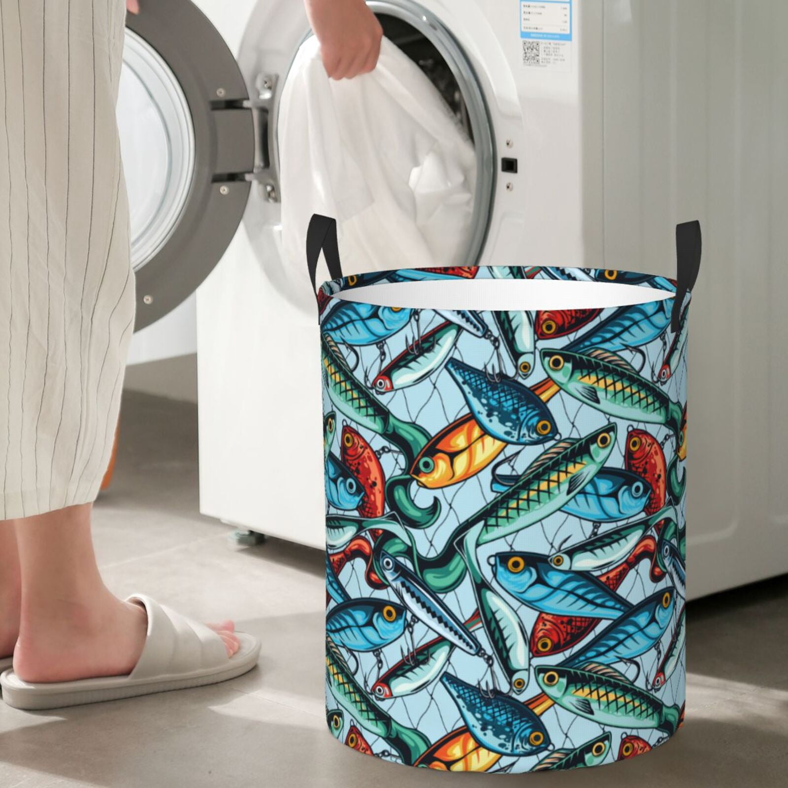 Large Laundry Basket with Handles - Colorful Fishing Baits Kids Baby Dirty Clothes Laundry Hamper for Bedroom Aesthetic