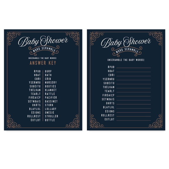 Koyal Wholesale Navy Blue Art Deco Vintage Party Baby Shower, Word Scramble Game Cards, 20-Pack
