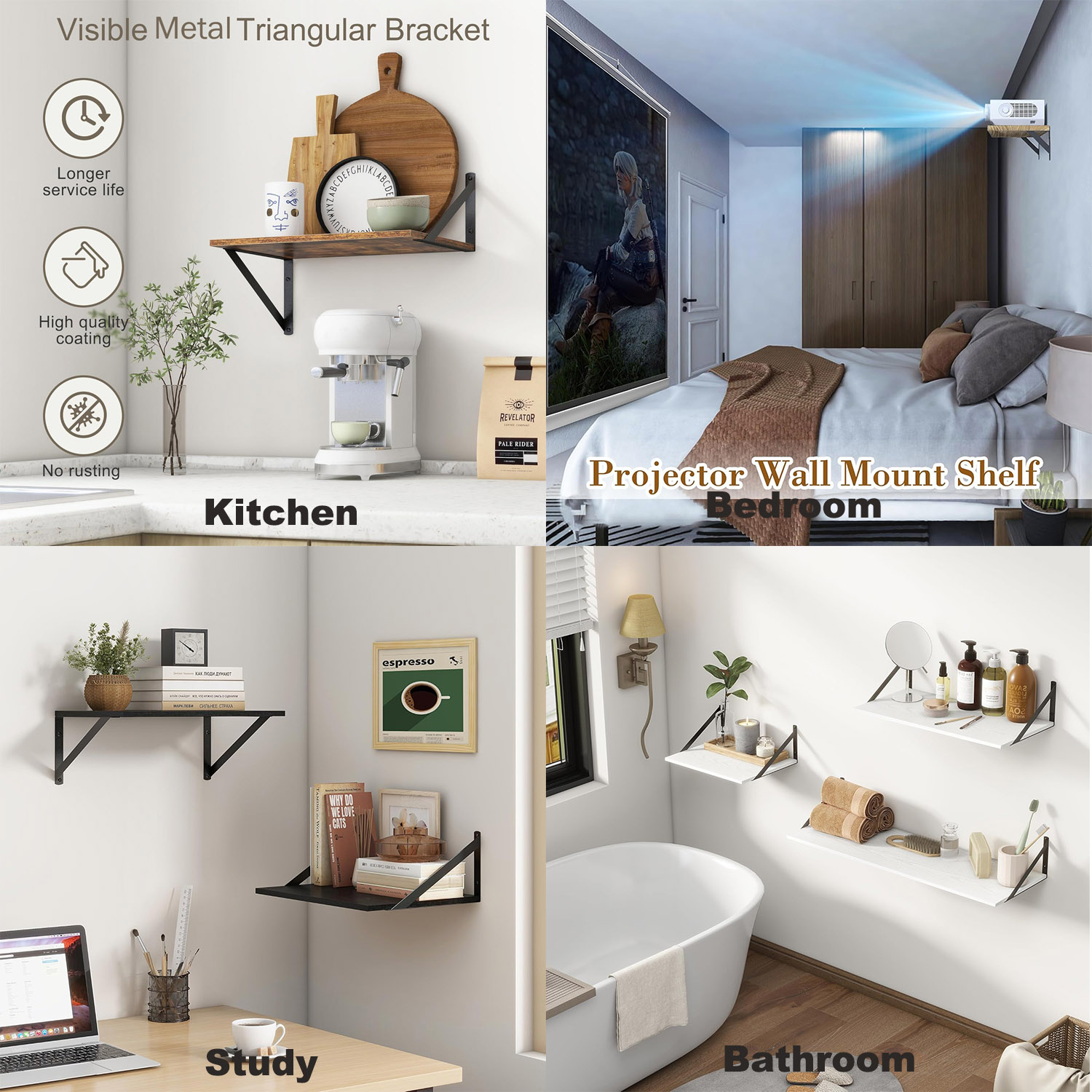 Wall-Mounted Projector Floating Shelves W/Triangle Stand, 16 Inch White Rustic Wood Storage Rack Holder for Router, Modem, DVD Player, TV Box, Game System, Audio, 12" Deep
