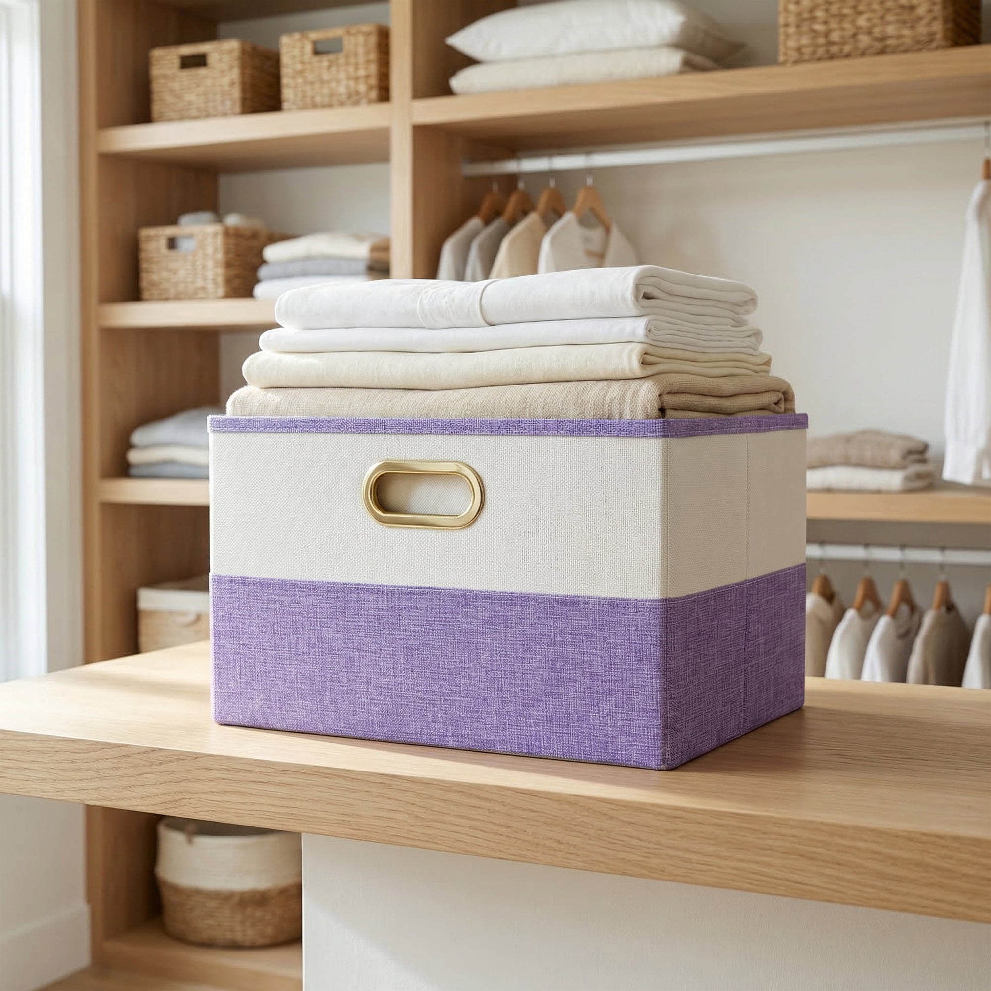 Unique Bargains Fabric Storage Bin with Lids Purple 16.9*11.8*10.6in