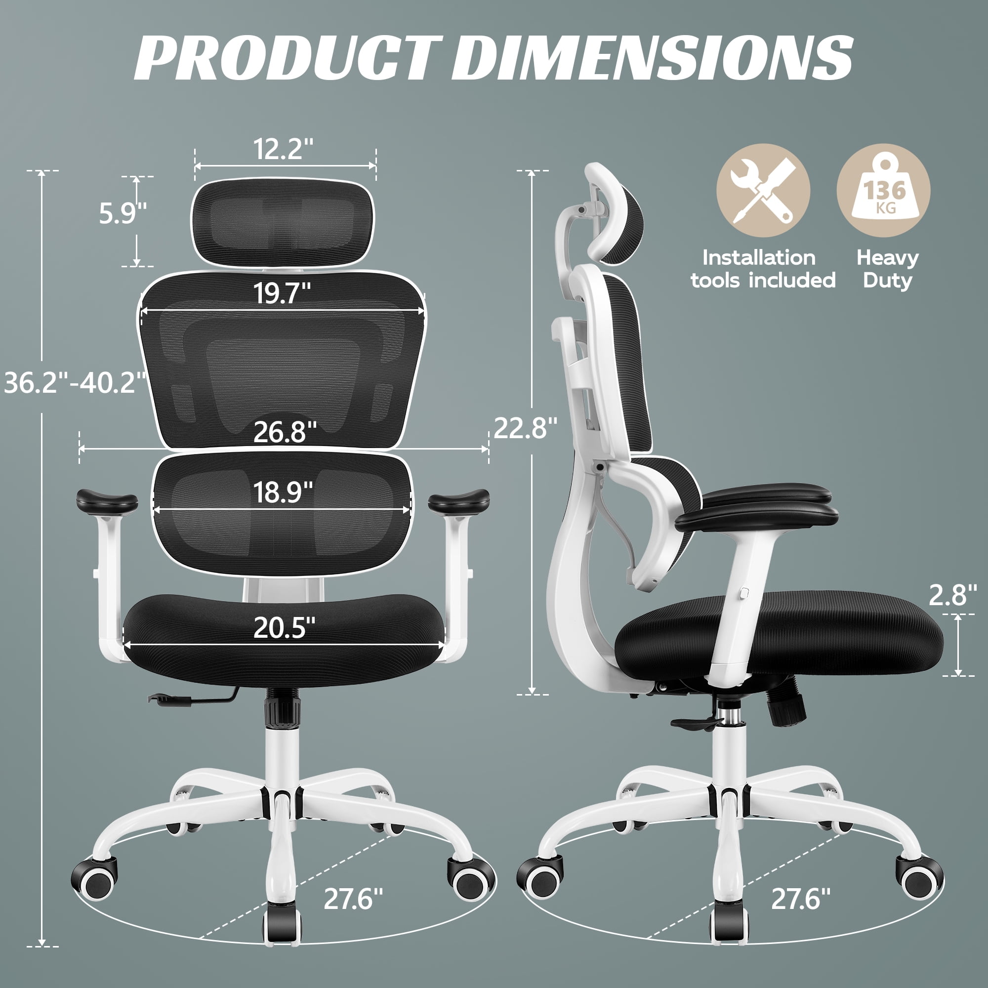COOLHUT Ergonomic Office Chair, High Back Desk Chair, Breathable Mesh Computer Chair with Lumbar Support, Comfy Foam Cushion Home Office Chair, 300lbs, White