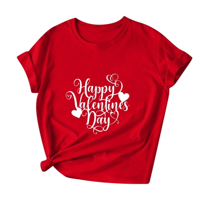 Penkiiy T-Shirts Graphiques de la Saint-Valentin pour Femmes Manches Courtes Chemises Imprimées Cœur Hauts Blouse Rouge