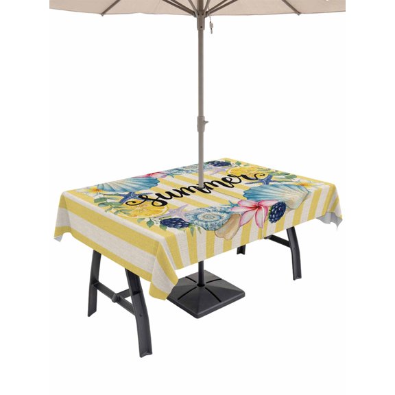 Outdoor Tablecloth with Umbrella Hole for Patio/Picnic/Party/Camping, Flowers Coastal Waterproof Table Cloth Rectangle Table Cover Washable, Spring Floral Nautical Yellow Striped Farmhouse (54"x 80")