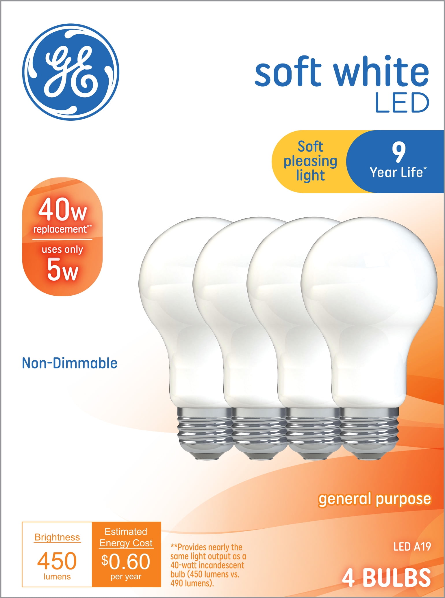 GE Soft White LED Light Bulbs, 40 Watt Eqv, A19 General Purpose, 9yr, 4pk
