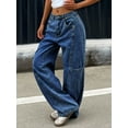 thumbnail image 3 of Women's Mid Rise Wide Leg Light Blue Patchwork Cargo Jeans Casual Streetwear Denim Pants, 3 of 8