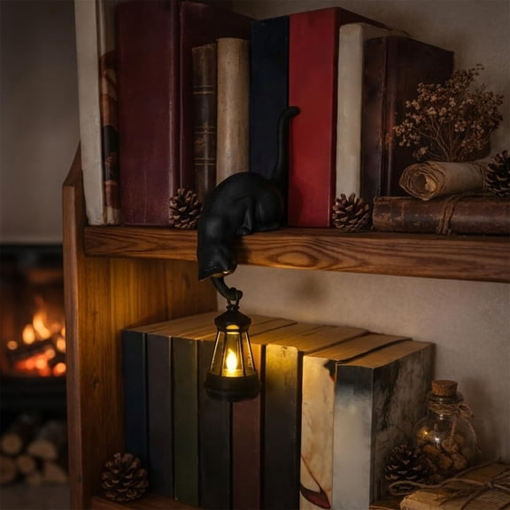 Cat Bookshelf Lantern, Cat Figurine with LED Shelf Decor, Retro-Style Night Light, for Porches, Patios, and Bookshelves Cat Lovers Night Light Edge Black