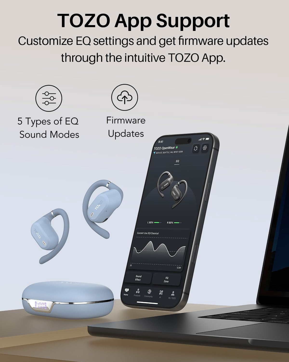 TOZO AI Translation Open Ear Earbuds, Open Ear Bone Conduction Headphones, 145+ Languages, 60H, Stereo Bass, Touch Control, APP-5EQ, Waterproof Lightweight Sports Headphones for Workout Gym, Office
