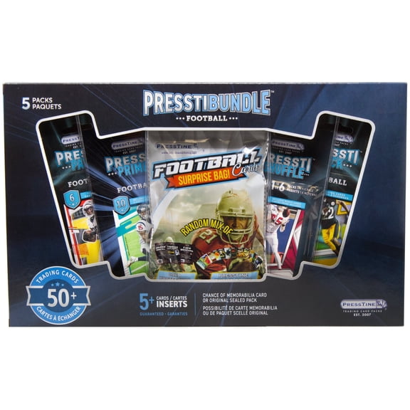 NFL Football Pressti Bundle Trading Card Bundle (2 Pressti Packs, 1 Pressti Prime, 1 Presti Shuffle   1 Presstine Football Surprise Bag)