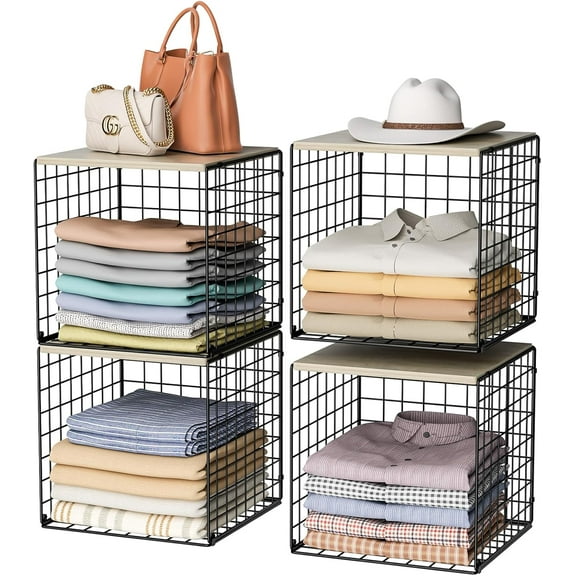 4-Tier Stackable Closet Organizers and Storage Basket, Shelves with Wood Top, Foldable Clothes Storage Bin/Cube Drawer Organizer for Wardrobe, Space-Saving, Closet Organization,Black(Patent Pending)