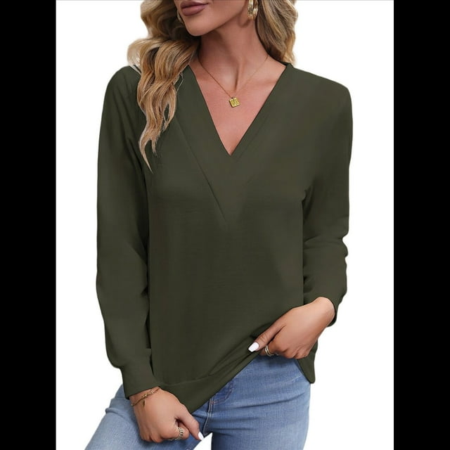 Camisetas de Larga para Mujer, Camisetas Informales con Cuello en V, Cómodas, Básicas y Suaves Verde L