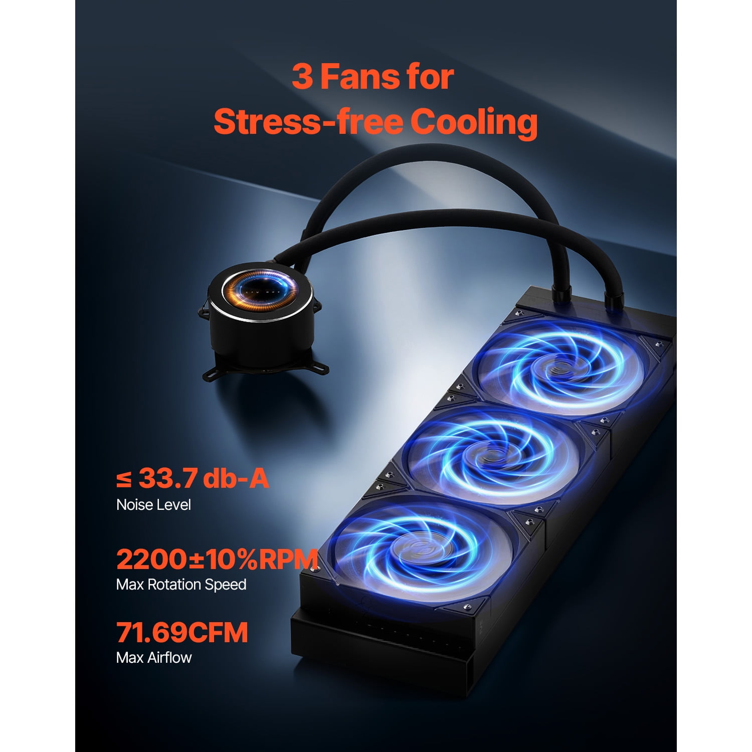KFFKFF CPU Liquid Cooler, Combined CPU Water Cooler - Set of Three 120mm PWN Fans, Pump & 2.1'' LCD Display, Maximum 2200PRM Black CPU Cooling Fan, Compatible with Intel 115X/1366/2011/1700/1200