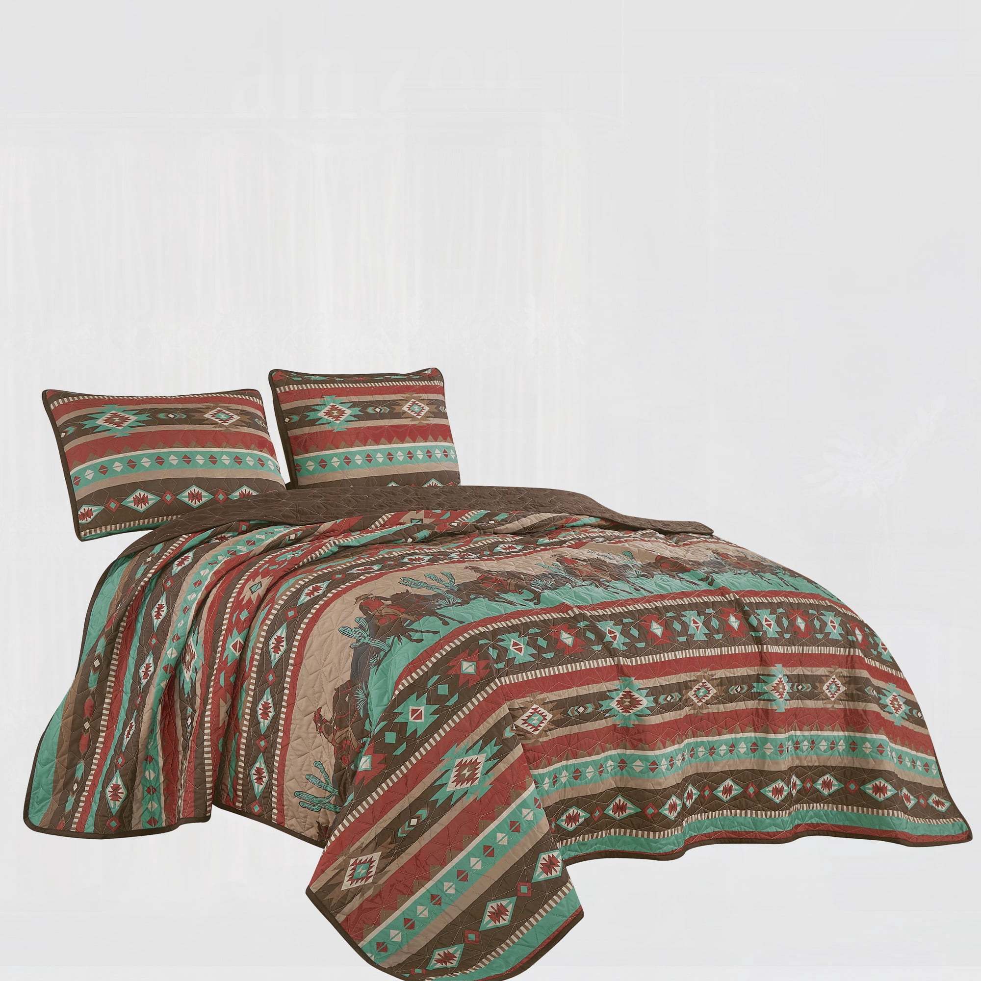 Brown, Teal & Red Cowboy Southwestern Pattern 3-Piece Reversible Bedspread Set,King