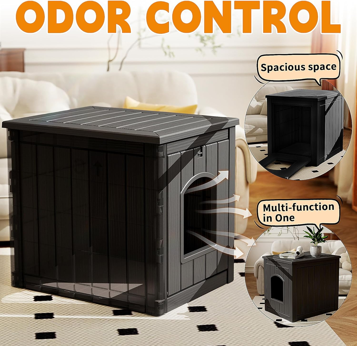 Favory Hidden Cat Litter Box Enclosure Furniture, Indoor Outdoor Cat House Side Table with Openable Door & Raised Floor, Easy Clean Assemble, Black