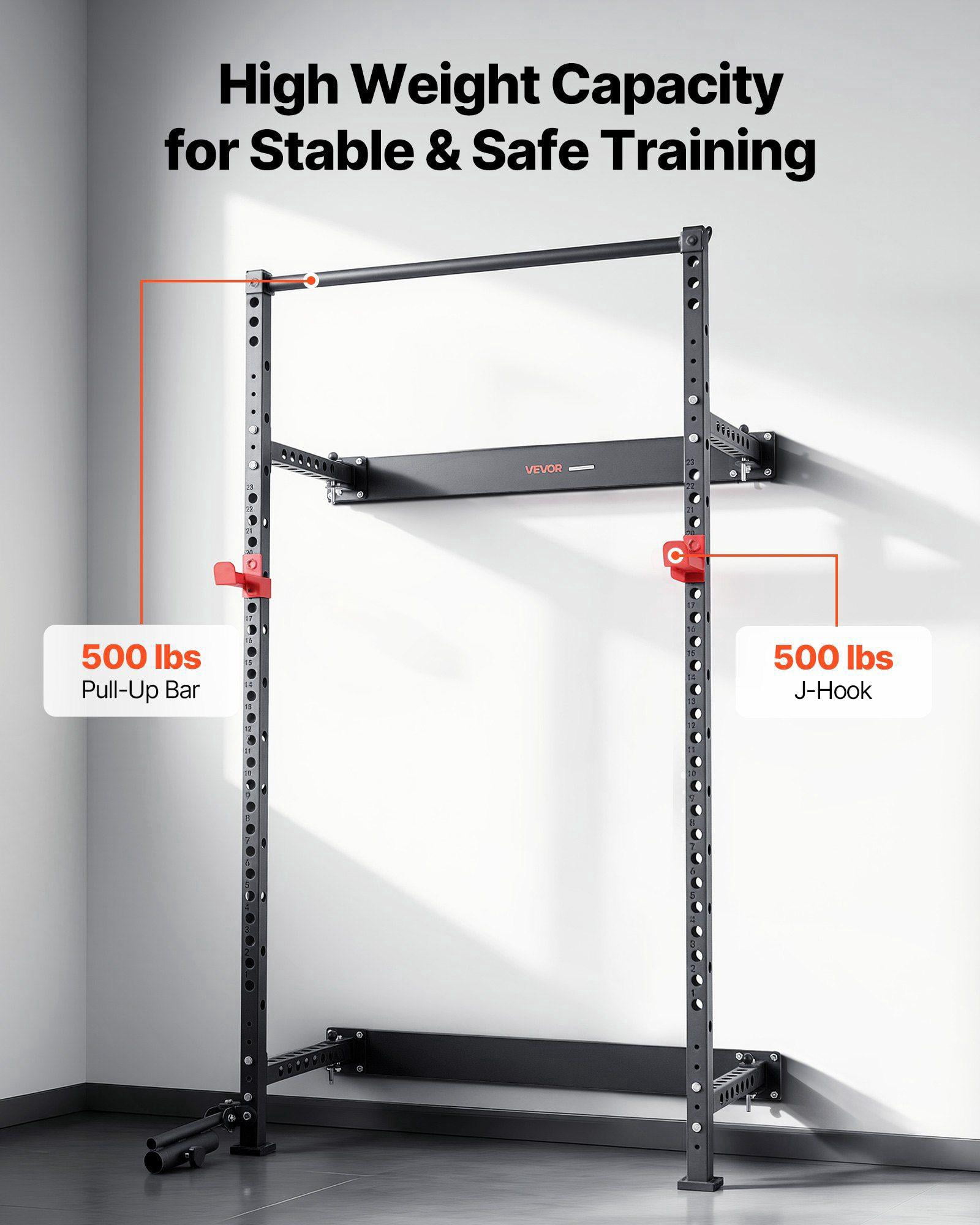 Folding Wall Mounted Power Cage Squat Rack 1000LBS Capacity Multifunctional Strength Training Equipment with Landmine Holder Adjustable J Hooks and Pull Up Bar for Home Gym