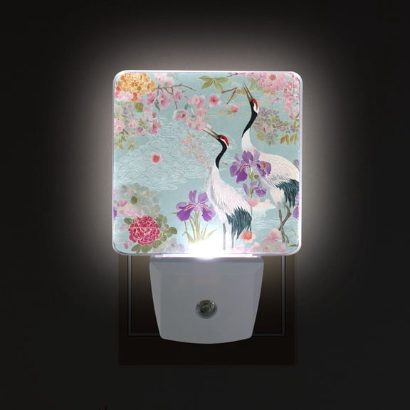 Yayeee LED Plug in Night Light for The Home with Auto Dusk to Dawn Light Sensors, 2 Pack, Green Floral Cranes Pattern