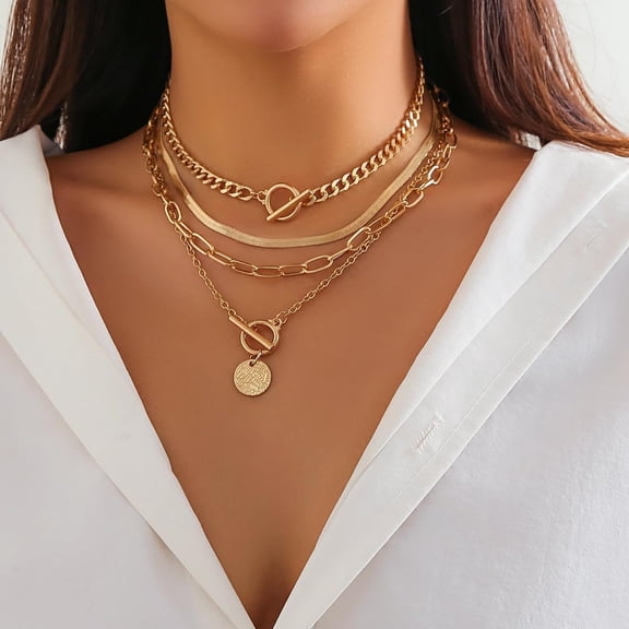 4Pcs Black Layered Necklaces Trendy Retro Coin Pendant Necklace Dainty Chunky Link Chain Choker Necklaces Multilayer Adjustable Layering Chain Necklaces Set For Women Jewelry[o859]