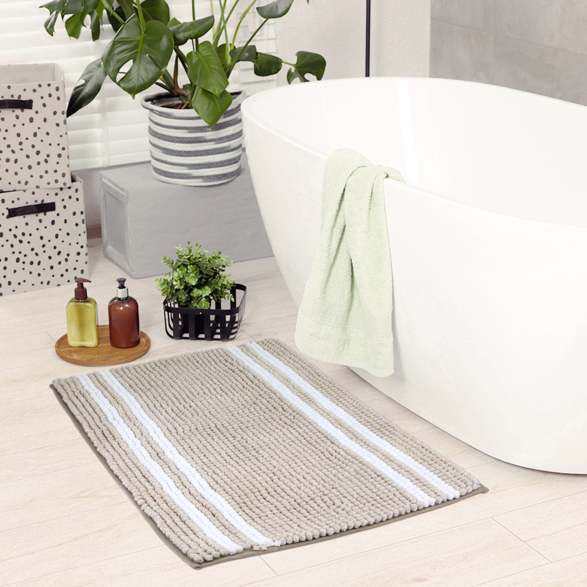 Unique Bargains Striped Bathroom Rugs Soft Fluffy Chenille Bath Rugs Brown 20" x 32"