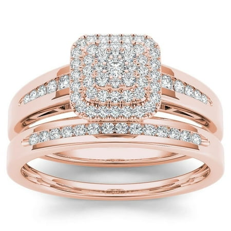 Pink Topaz Cluster - IGI Certified 10k Rose Gold 1/3ct TDW Diamond Cluster Halo Bridal Set - Pink
