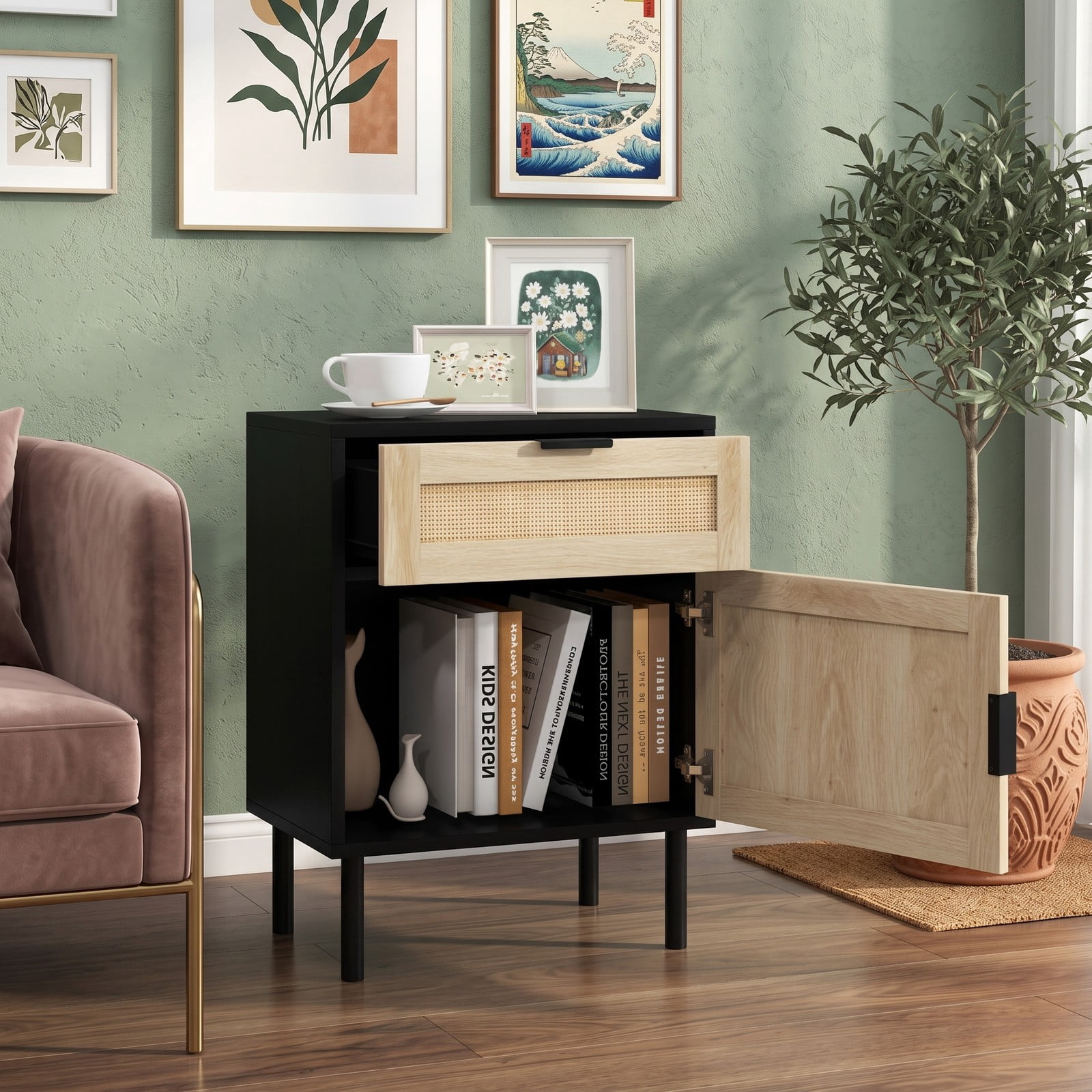 Furnibear Rattan Nightstand Set of 2 with Drawer and Cabinet for Bedside Storage in the Bedroom and Living Room, Black and Natural