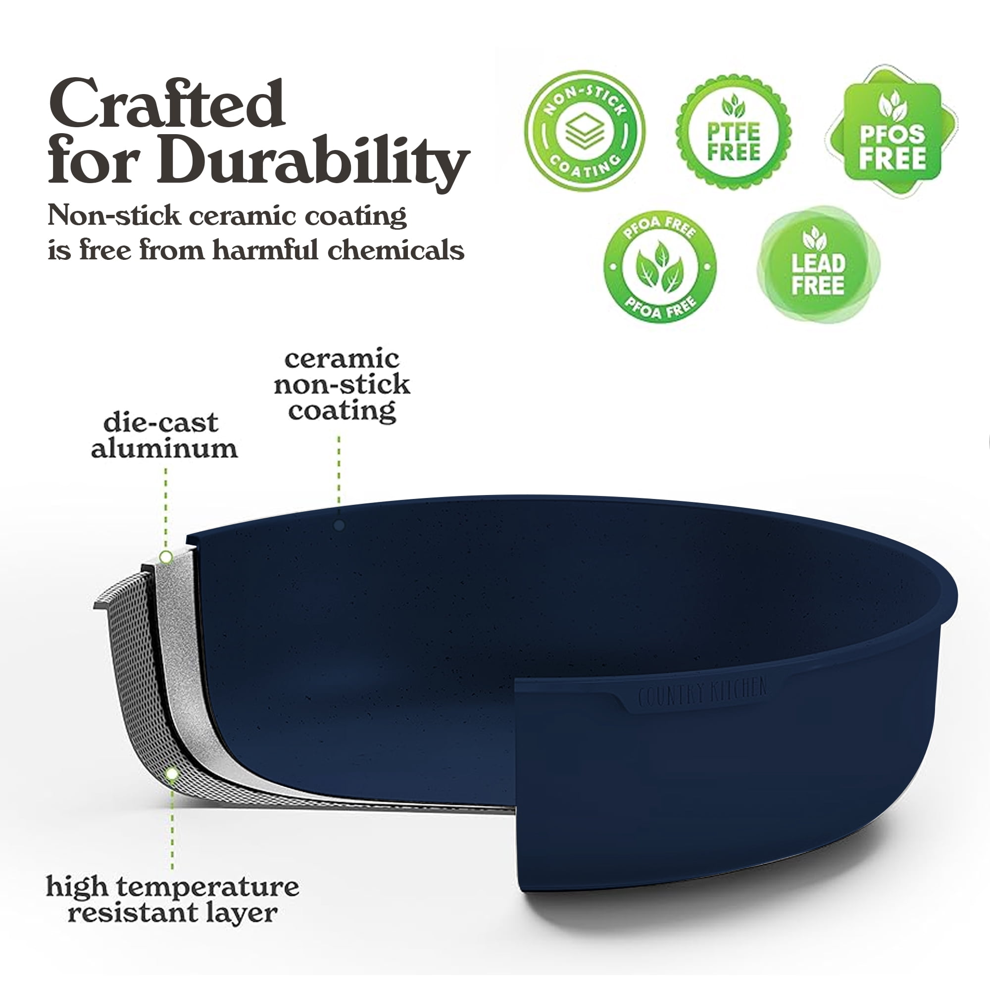 Country Kitchen Pots and Pans Cookware Set, 16-Piece, Ceramic Coated, Removable Handle, Denim