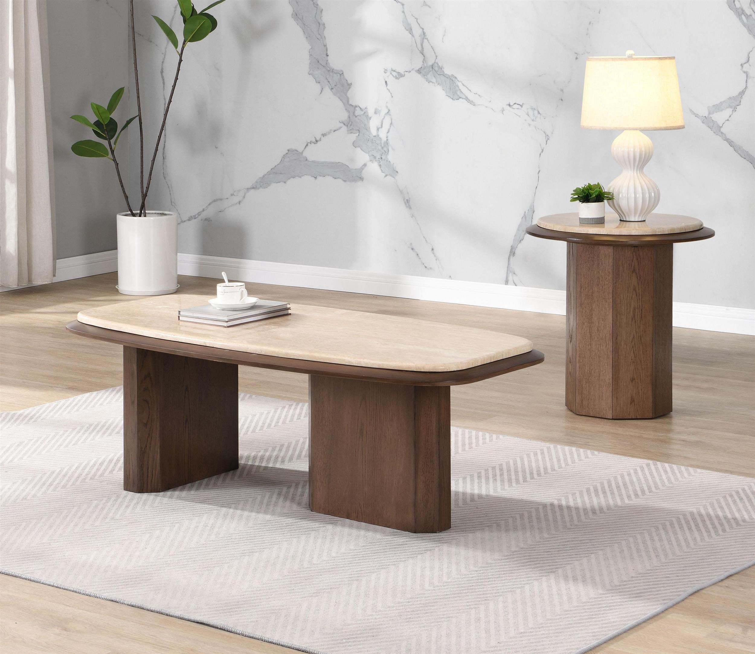 ACME Kasha Coffee Table in Travertine Top & Walnut