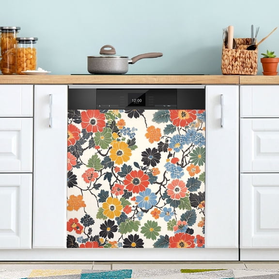 Yayeee Magnetic Dishwasher Cover for The Front Decoration Home Kitchen Machine Sticker Protector, Black Flowers Pattern