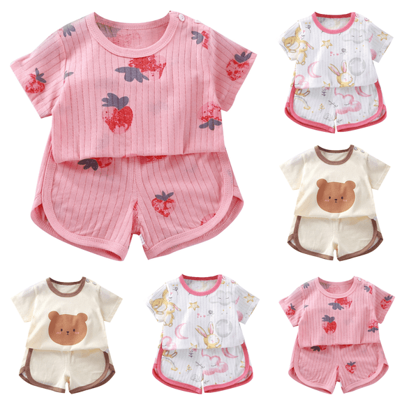 Lovzfmll 2-Piece Girl's Cotton Active Set, Short Sleeve Top & Shorts, Lounge Wear Outfits for Toddler 6-12 Months