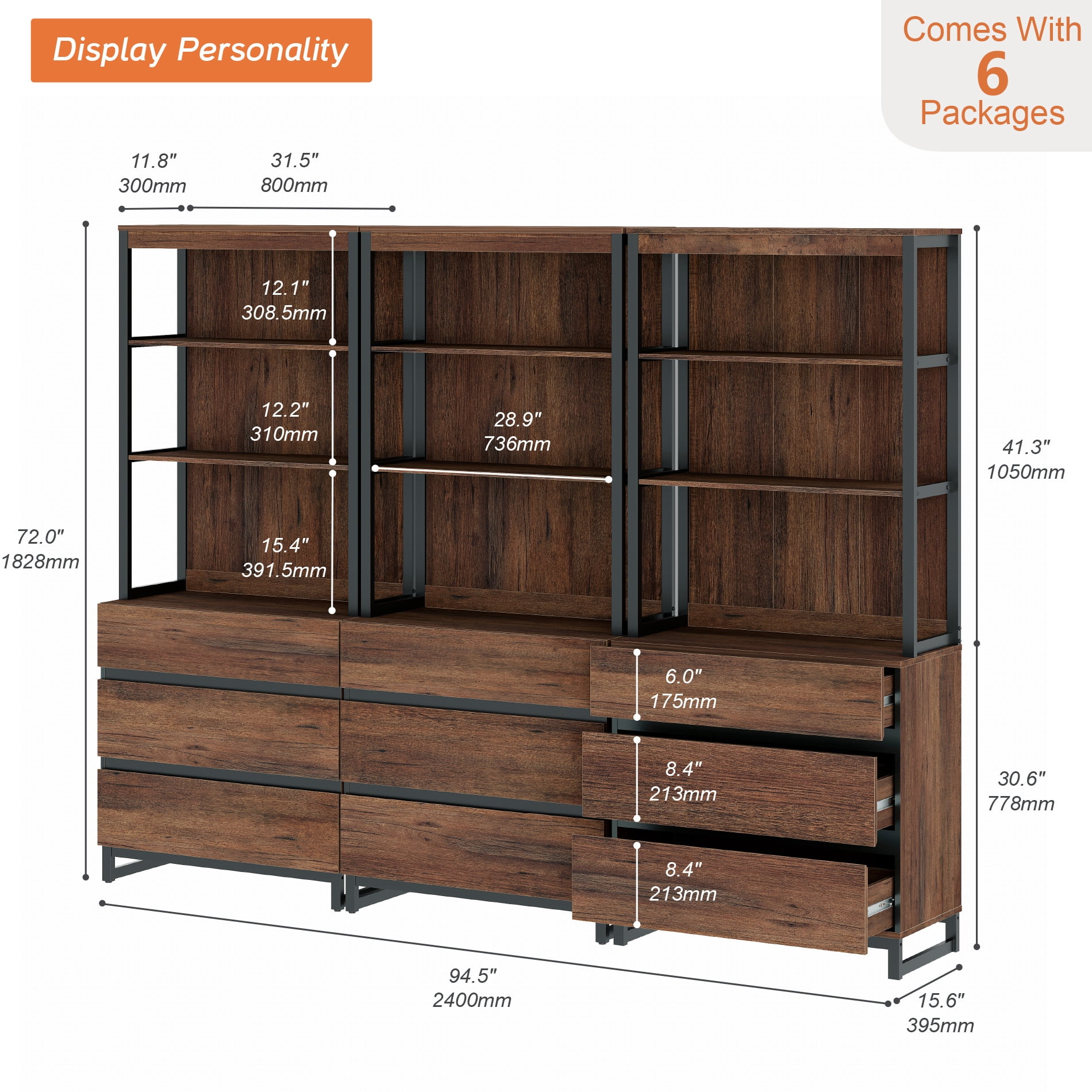 WAMPAT 3-Piece Modern 72" Tall Freestanding Bookcase，9 Drawers, Open Shelves & Storage Cabinet with Metal Base，Wood Library Bookshelf for Home Office & Living Room