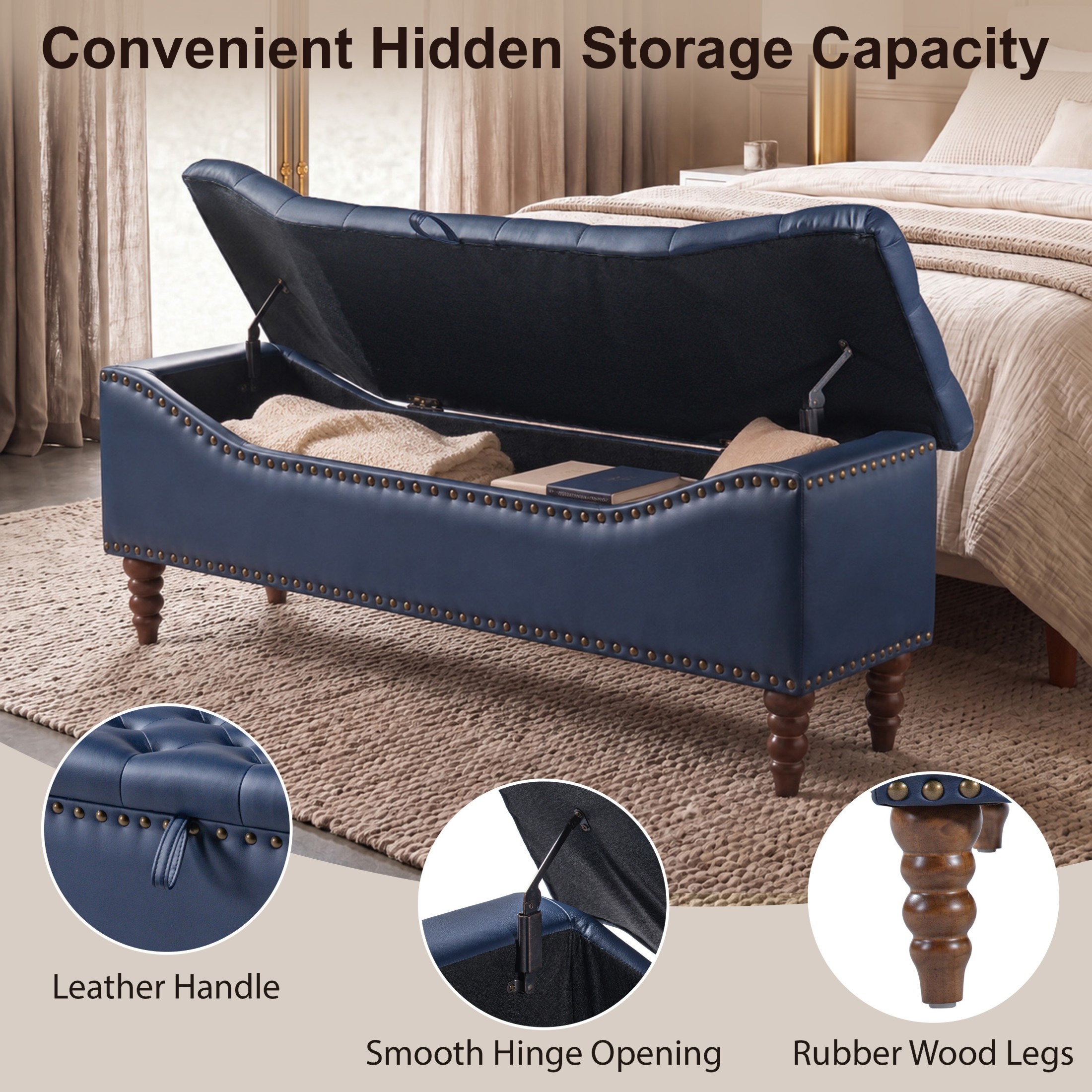 Christopher Knight Home PU Leather Storage Bench, Button-Tufted Ottoman with Nailhead Trim, Navy
