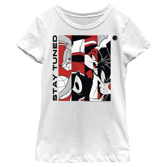 Girl's Space Jam: A New Legacy Stay Tuned Panels Red and Black  Graphic Tee White X Large