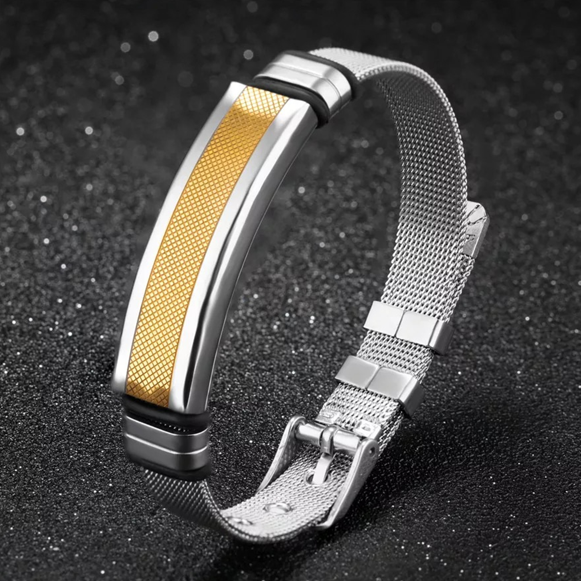 Mens Stainless Steel Bracelet with Bar, Adjustable Mesh Band with Buckle Clasp, Gold/Silver