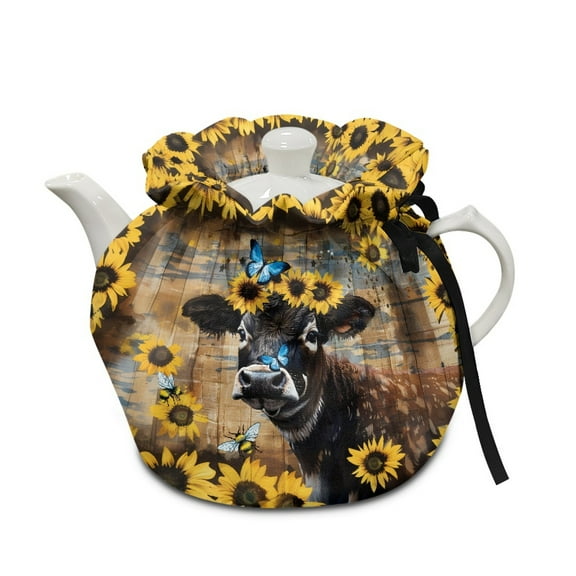 ZUXONGSY Sunflower Cow Teapot Cover Dust Cover with Elastic Band Insulated Kettle Cover Easy to Install And Washable for Dining Room Coffee Table Desktop Decoration