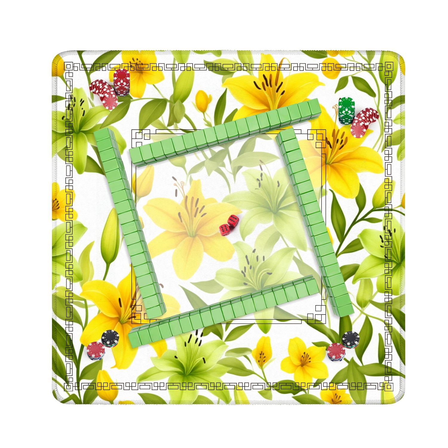 Mahjong Mat 31.5" x 31.5" Yellow Green Lily Floral Seamless Botanical Leaves Non-Slip Noise Reduction American Mahjong Tiles Table Cover for Dominoes Poker Card Board Games Gift