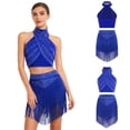 thumbnail image 2 of iiniim Women's Cha Cha Latin Salsa Dance Outfits Sleeveless Ruched Crop Top with Fringe Swing  Skirt Blue L, 2 of 7
