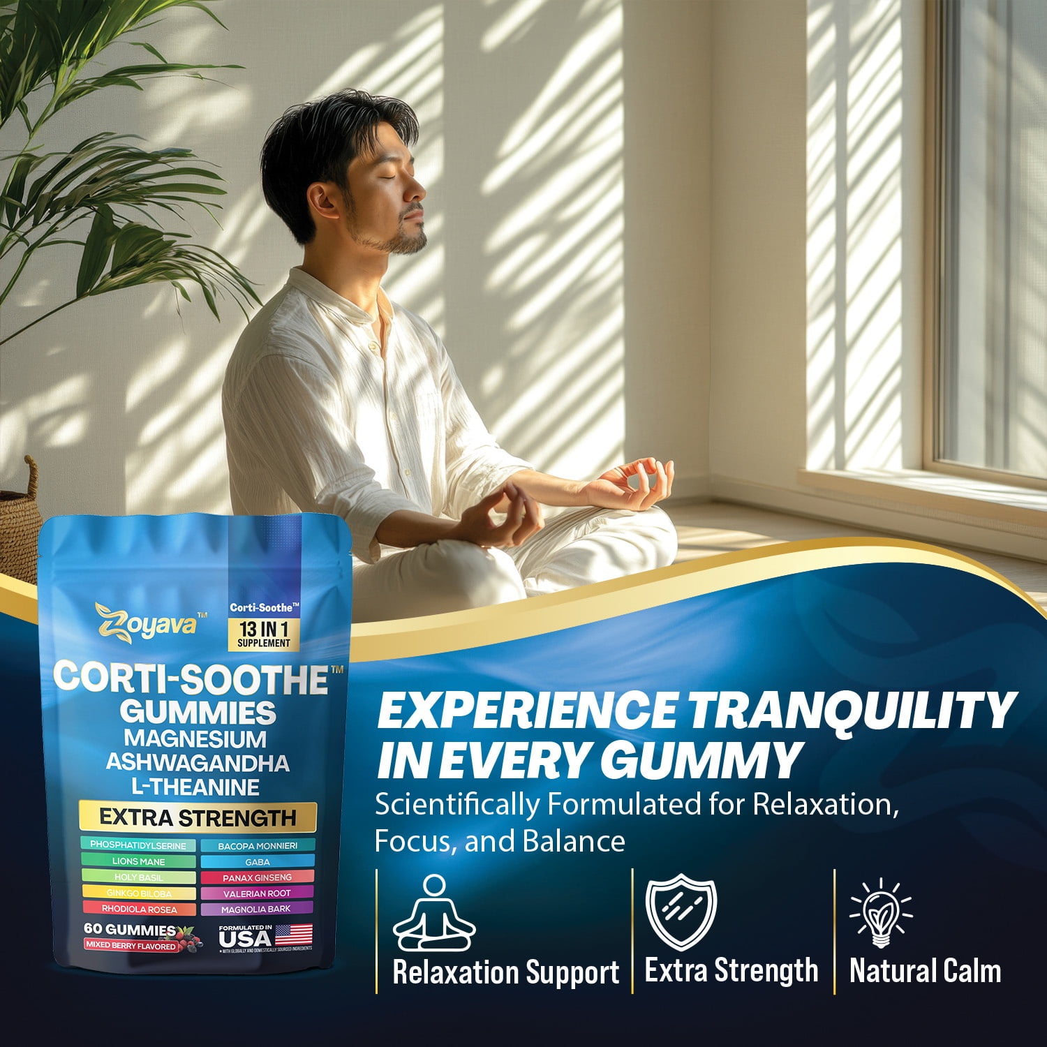 Zoyava Corti-Soothe Cortisol Supplement – Magnesium Glycinate, L-Theanine, Ashwagandha, Phosphatidylserine, Lion’s Mane, Ginkgo, Bacopa & Valerian Root – 60 Mixed Berry Gummies