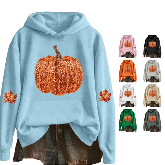 XIYON Hoodies For Women Halloween Pumpkin Print Hooded Sweatshirt With Front Pockets For Fall Winter Cozy Long Sleeve Pullover