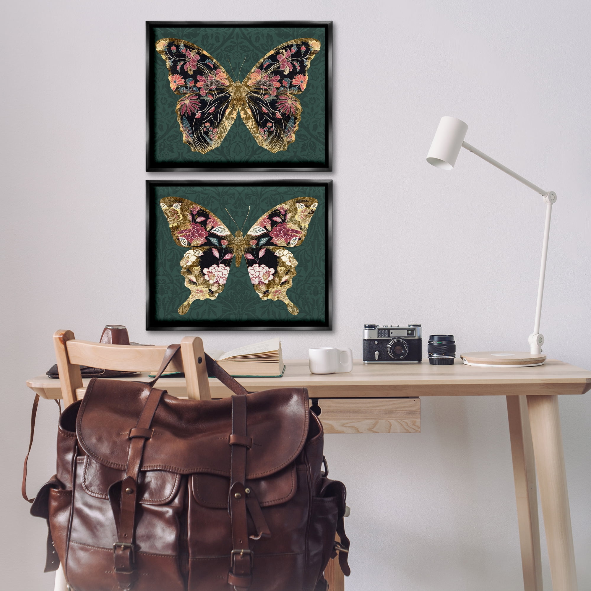 Stupell Industries Gold Black Floral Butterfly Animals Painting Black Floater Framed Canvas Art Print Wall Art, 21 x 17, Set of 2