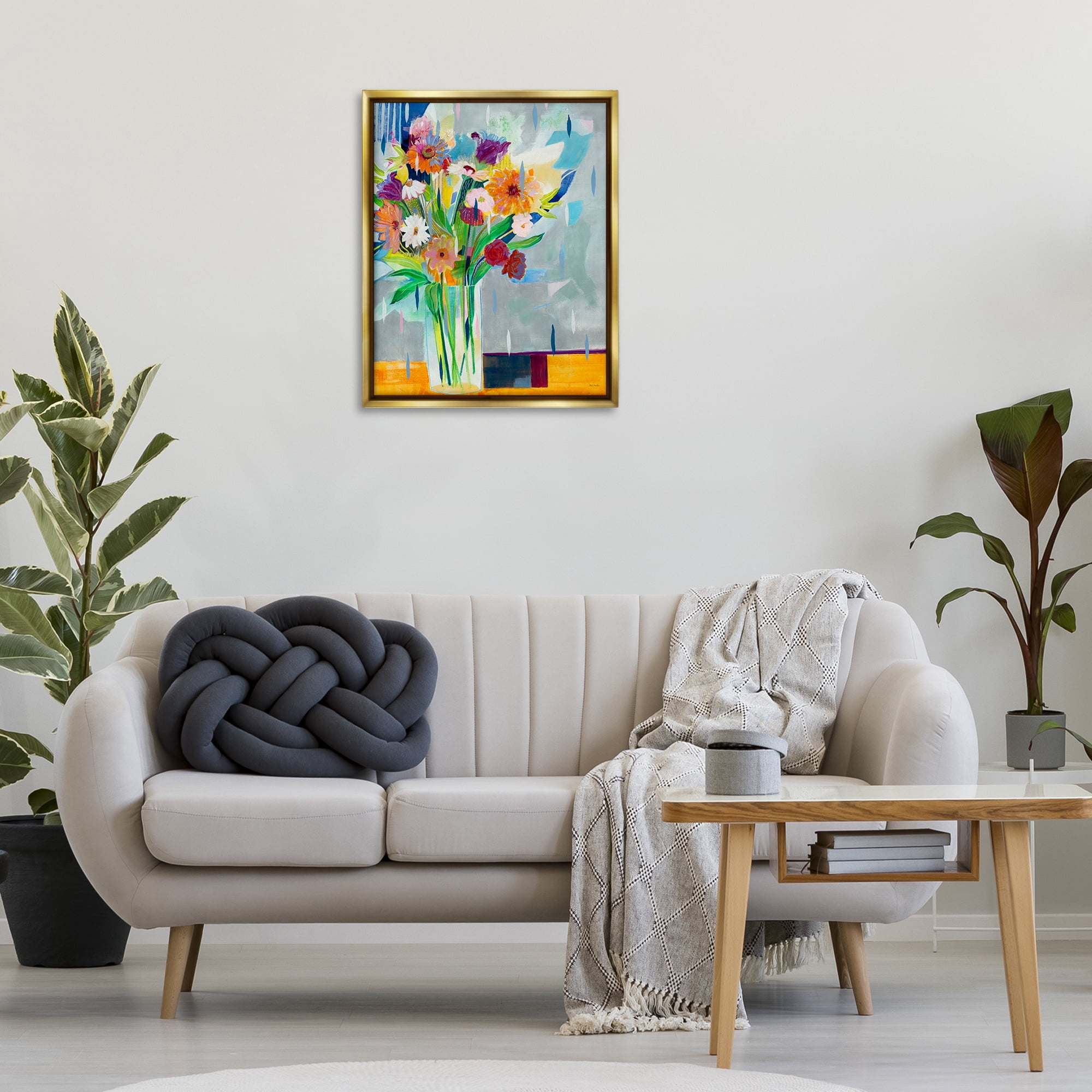Stupell Industries Florals on Blocked Background Plants & Flowers Painting Gold Floater Framed Canvas Art Print Wall Art, 25 x 31