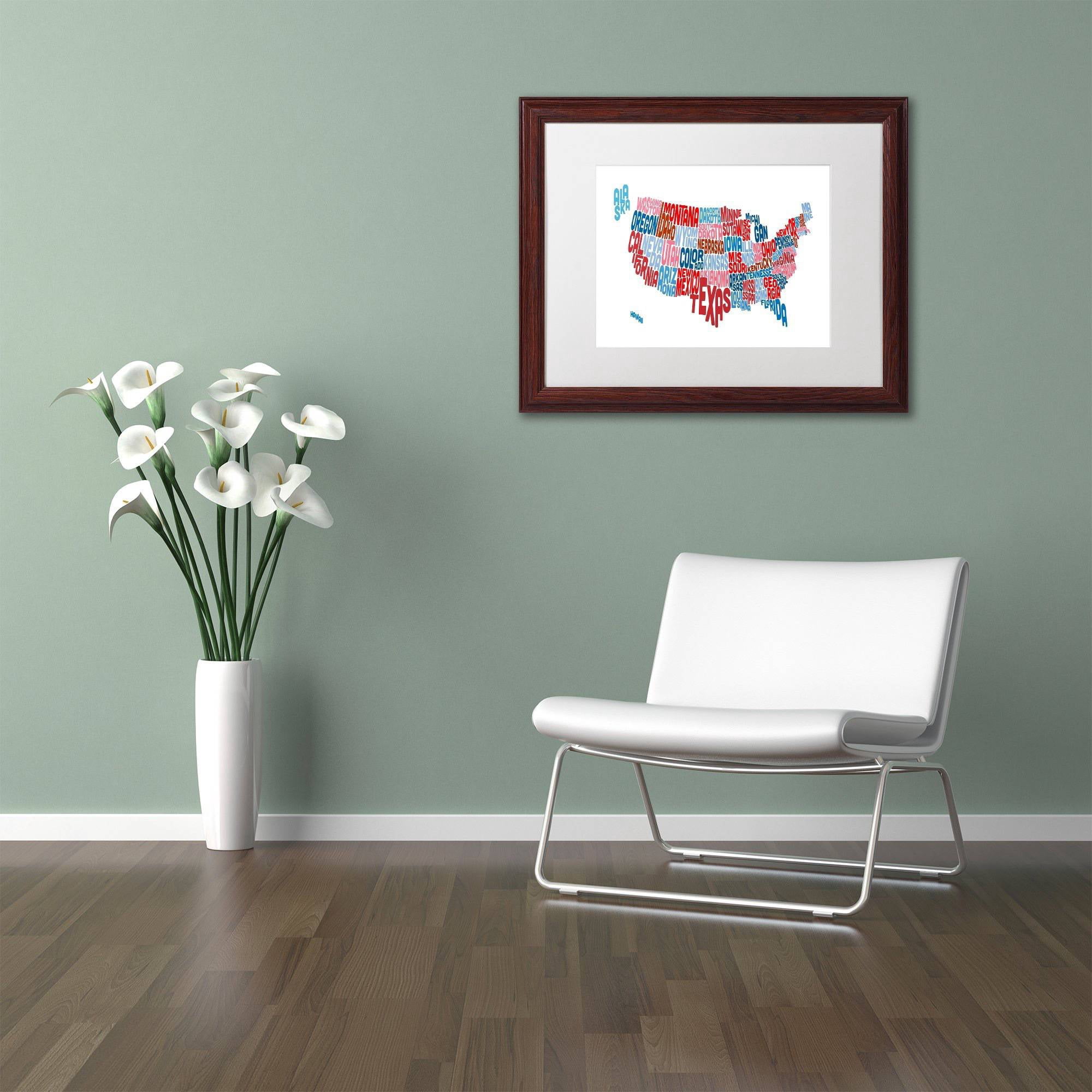 Trademark Fine Art 'United States Typography Text Map' Canvas Art by Michael Tompsett, White Matte, Wood Frame