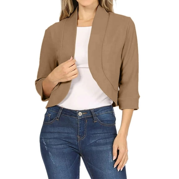 BODOAO Women's Casual 3/4 Sleeve Bolero Open Front Cardigan Jacket Work Office Blazer,Lightweight Cropped Cardigan Coat Solid Color Three Quarter Sleeve Sleeve Cardigan Short Small Coat Coffee L