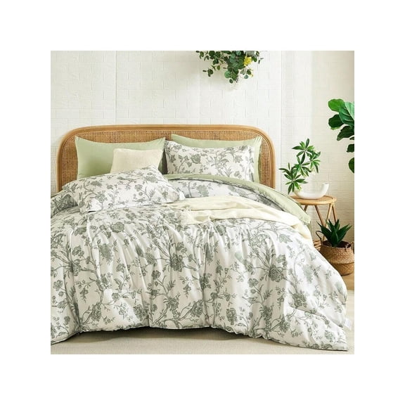 Floral Queen Comforter Set 7 Pieces Bed In A Bag Sage Green Flower With Bird Bedding Set Soft Reversible Comforter With Sheet Set 90x90