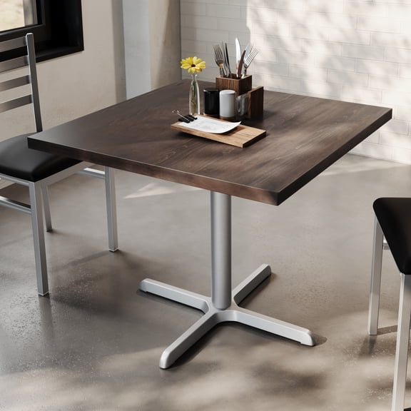 Flash Furniture 36" Square Solid Wood Commercial Indoor Tabletop in Dark Brown with 30" x 30" Dining Height Rust-Resistant Silver Cast Iron X-Base