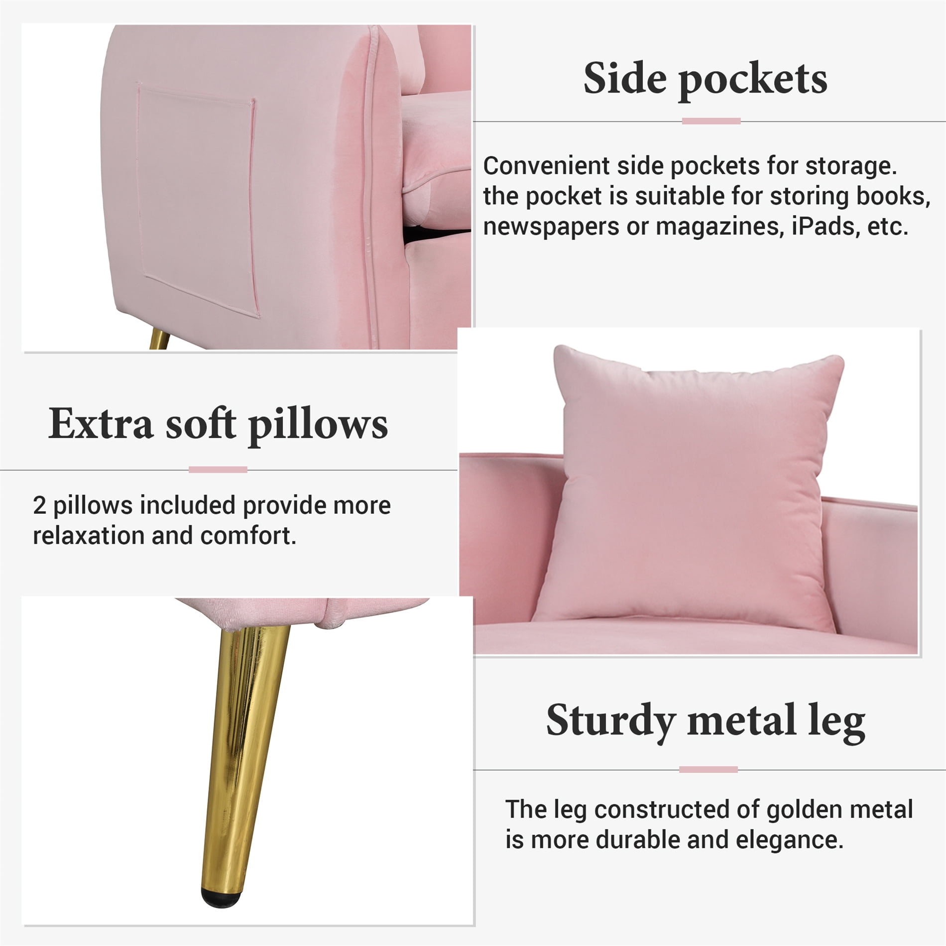 Aukfa 77.5" Modern Velvet Sofa for Living Room Furniture Set Apartment - 2 Pillows - Pink