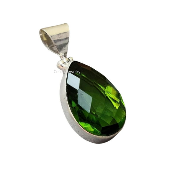 Solid 925 Sterling Silver Pendant For Women Men, Genuine Green Peridot Pear Gemstone Unique Handcrafted August Birthstone Pendant