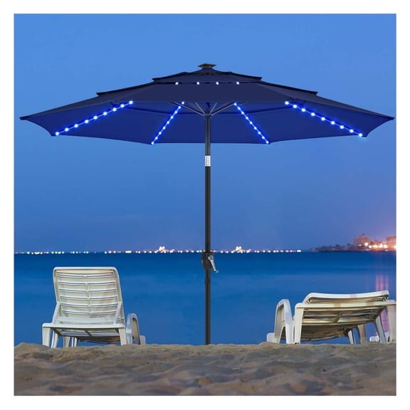 10ft 3-Tier Solar Patio Umbrella, Outdoor Umbrella w/ 24 , 8 Sturdy Ribs, Tilt Adjustment, Easy Crank for Garden, Deck, Tan