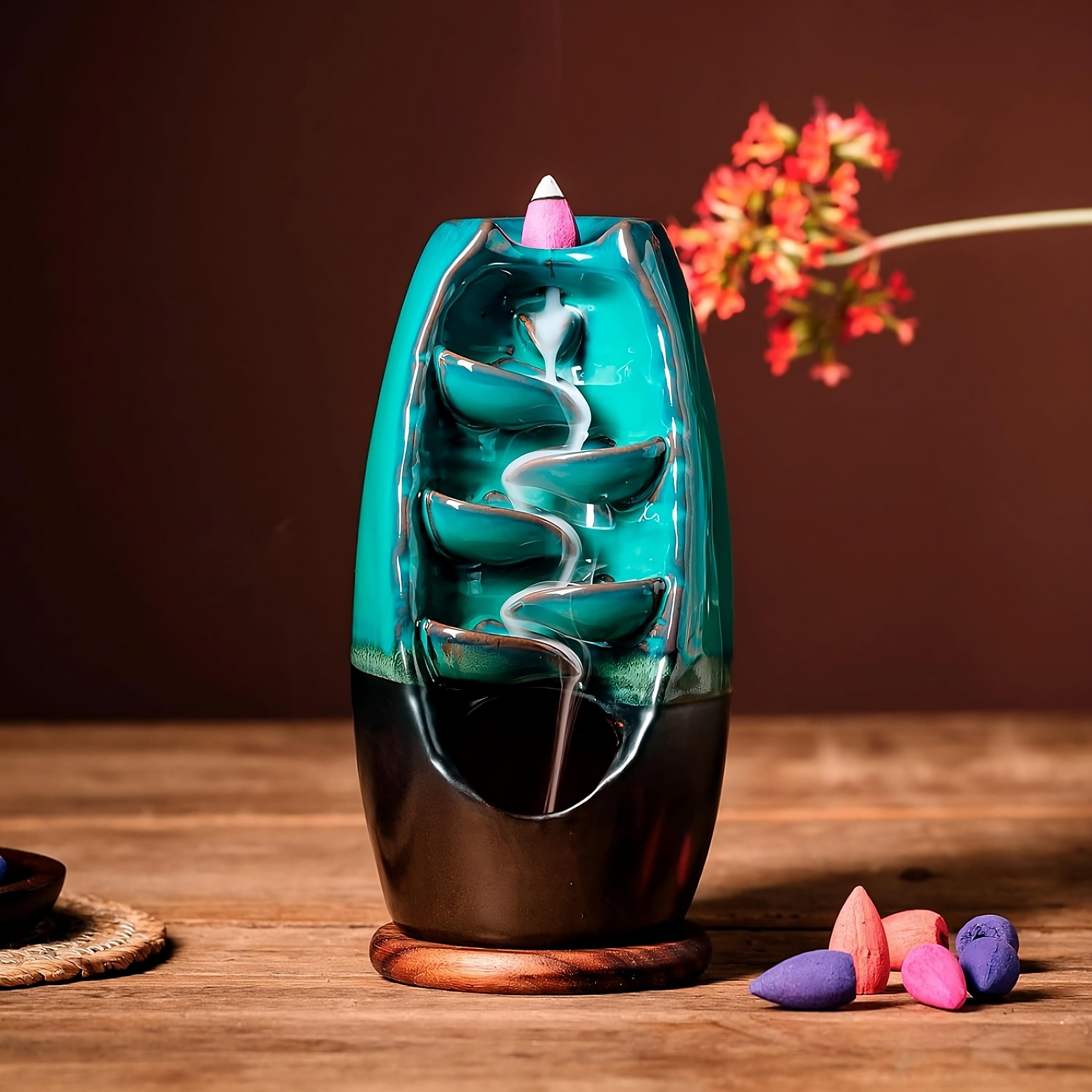 (3 pack) Premium Ceramic Incense Fountain Blue Glaze Finish